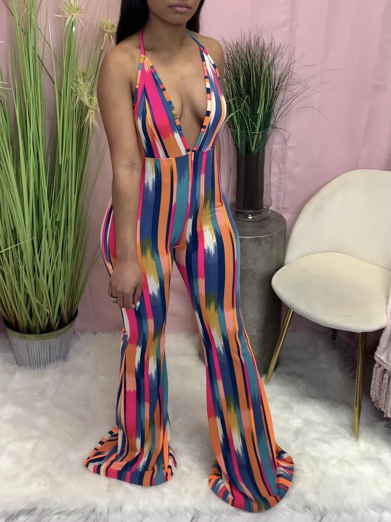 European Style Sexy Print Backless Sleeveless Jumpsuit