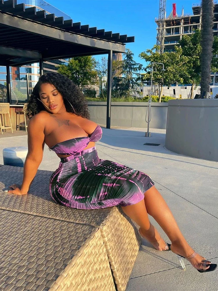 Plus Tie Dye Strapless Two Piece Skirt Sets