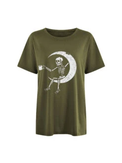 Euro Skeleton Moon Print Funny T Shirts