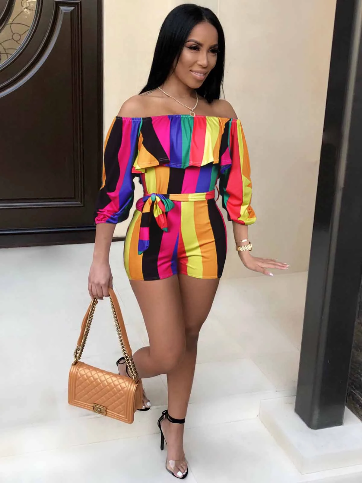 Rainbow Striped Print Half Sleeve Romper