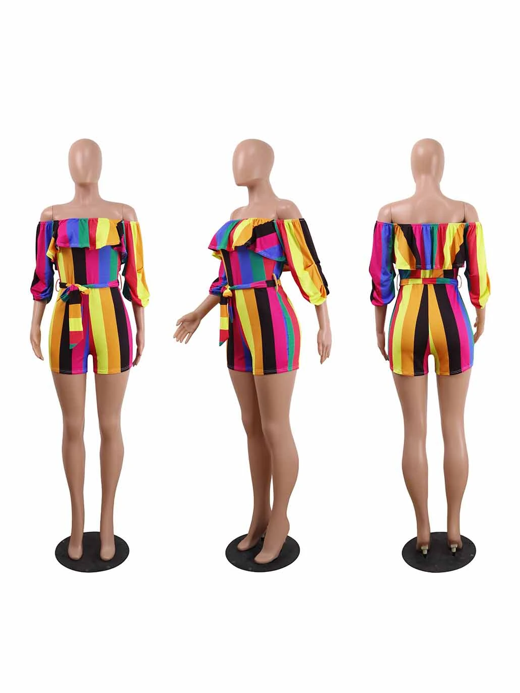Rainbow Striped Print Half Sleeve Romper - Image 2