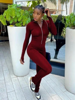 Autumn Front Zipper Ruched Long Sleeve Jumpsuit