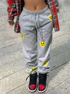 Sporty Mid Waist Printed Gray Long Pant