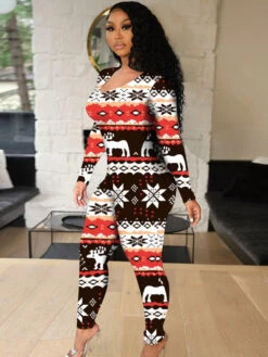 Christmas Low Cut Print Plus Size Sexy Jumpsuit