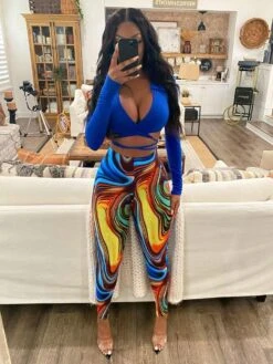 Fashion Print Deep V Crop Trouser Set
