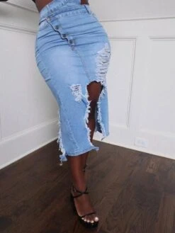 Chic Light Blue Ripped Denim Midi Skirts