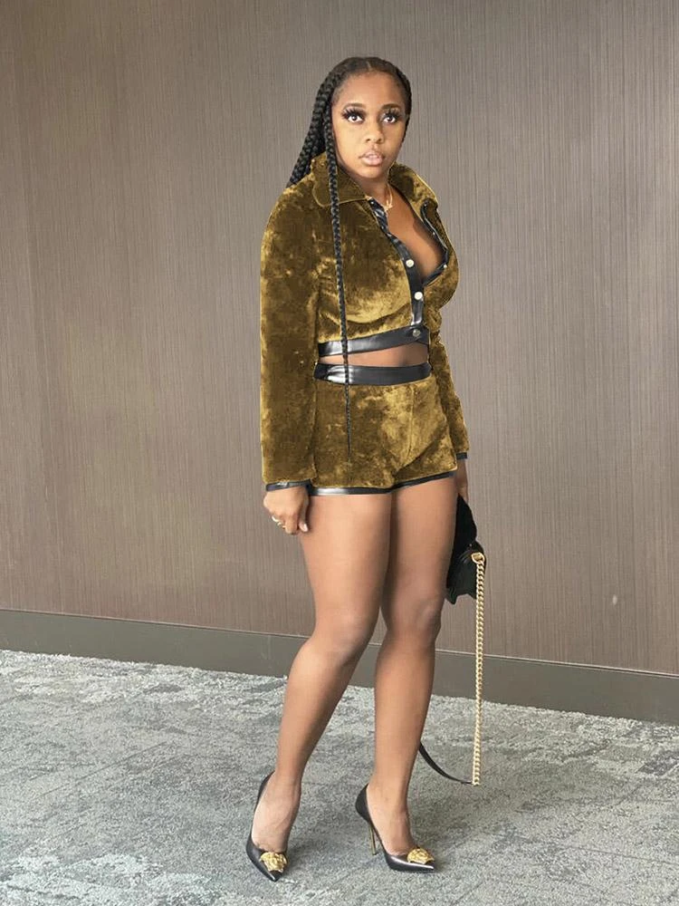 Pu Velvet Patchwork Long Sleeve 2 Piece Sets - Image 2