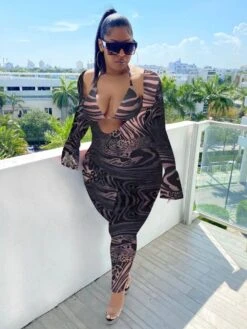 Striped Printed Flare Sleeve Women Jumpsuit With Cami Top