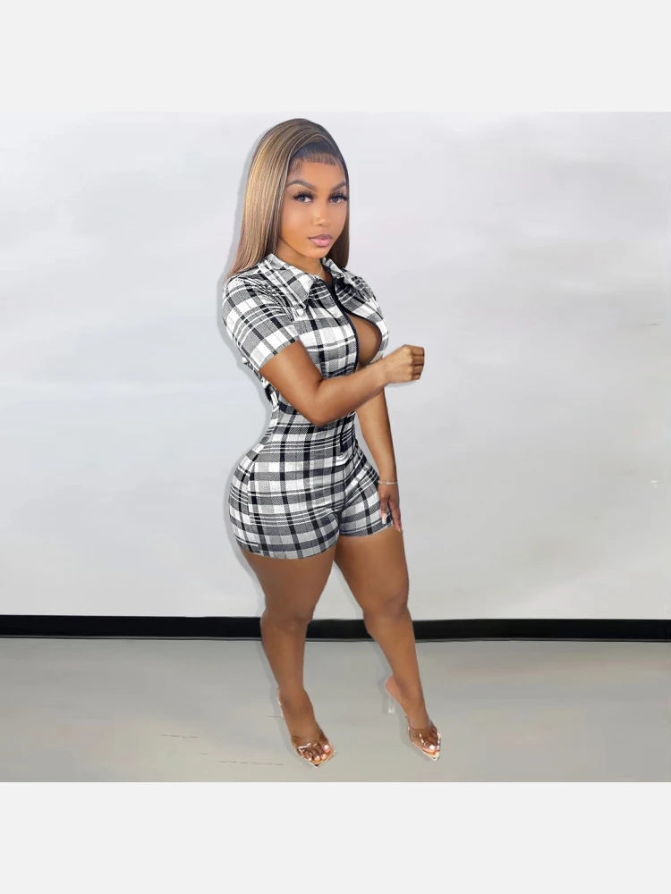 Turndown Collar Zip Up Plaid Short Sleeve Romper - Image 2