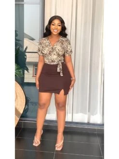 Sexy V Neck Snake Print Skirt Sets