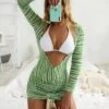 Green Printed V Neck Three Pieces Swim Suits
