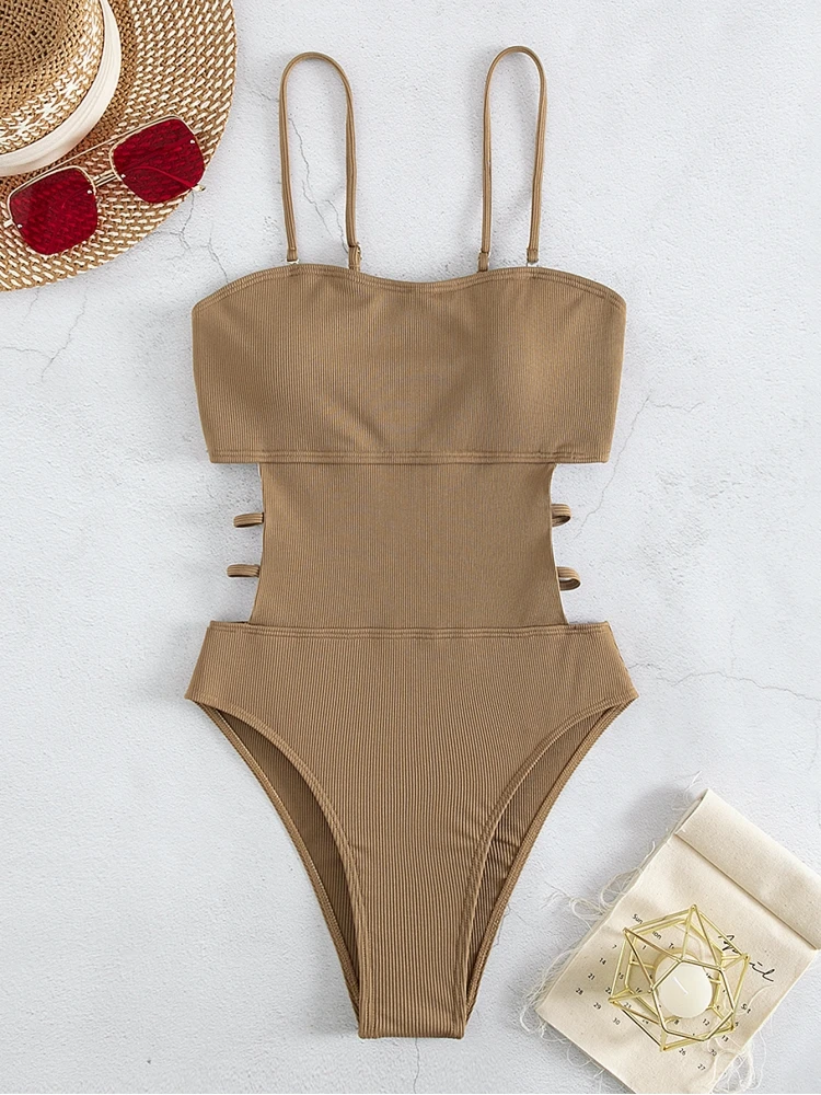 Spaghetti Straps Solid Hollow Out One Piece Swimsuits