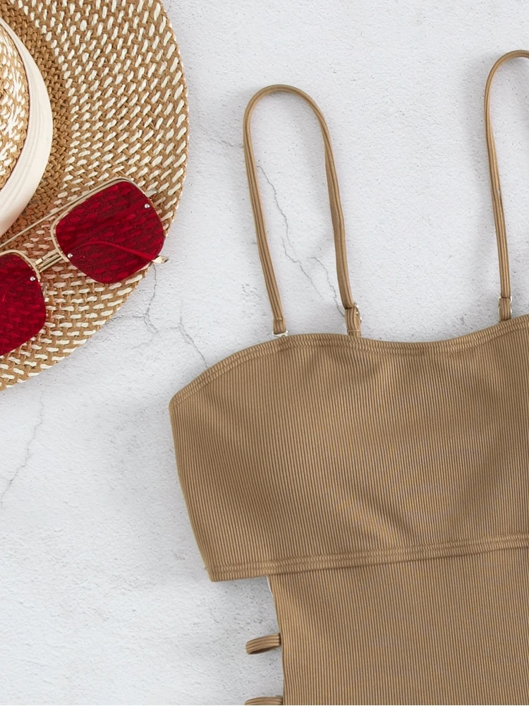 Spaghetti Straps Solid Hollow Out One Piece Swimsuits - Image 3