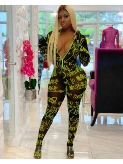 Sexy See Through Letter Long Sleeve Jumpsuit