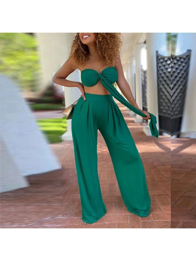 Casual Printed Halter Sleeveless Cropped Top And Trouser Sets