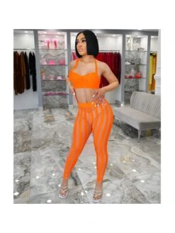 Sexy Sleeveless Gauze Patch Halter Cropped Top And Trouser Sets