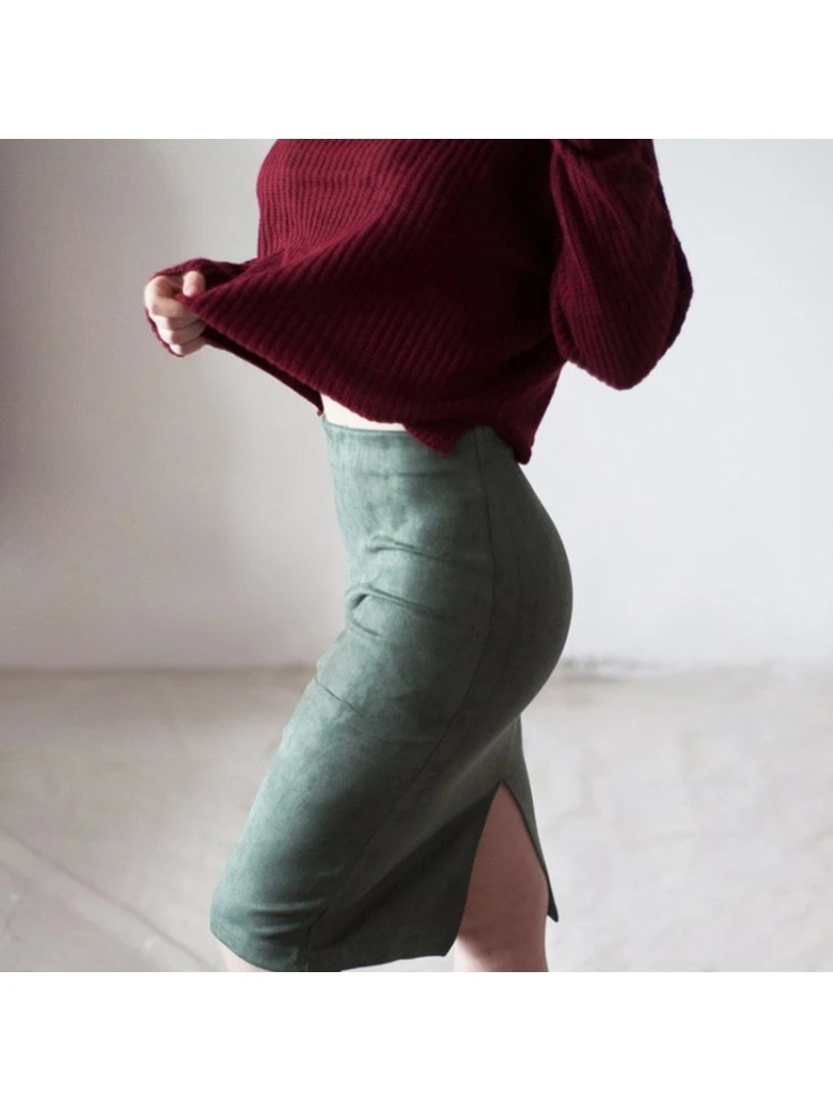 Versatile Pure Color Slit High Waist Skirt - Image 2