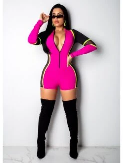 Fashion Gauze Patch Contrast Color Long Sleeve Zipper Up Rompers