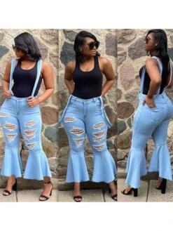 Ladies Blue Ripped Flare Jean Pants