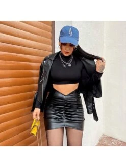 Nightclub Pure Color PU Ruched Skirt