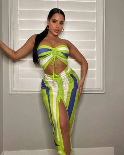 Sexy Wrap Chest Top And Split Hem Skirt Set