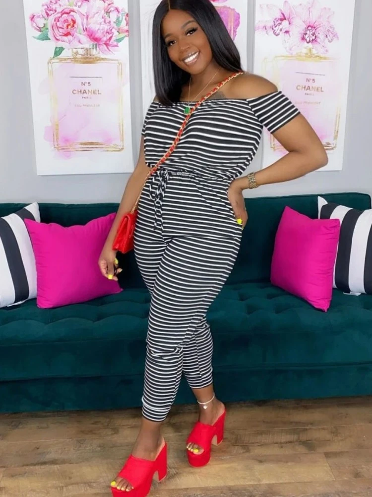 Plus Size Women Stripe Printed Casual Jumpsuit