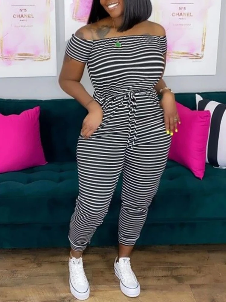 Plus Size Women Stripe Printed Casual Jumpsuit - Image 2