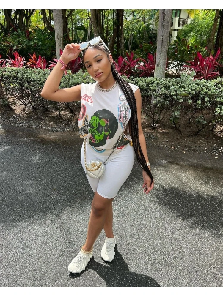 Printing Short Sleeve Top And Shorts Women's Set