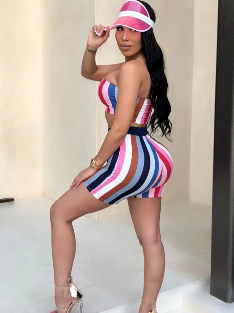Striped Matching Cropped Strapless Top And Short Sets