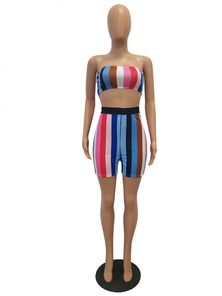 Striped Matching Cropped Strapless Top And Short Sets - Image 2
