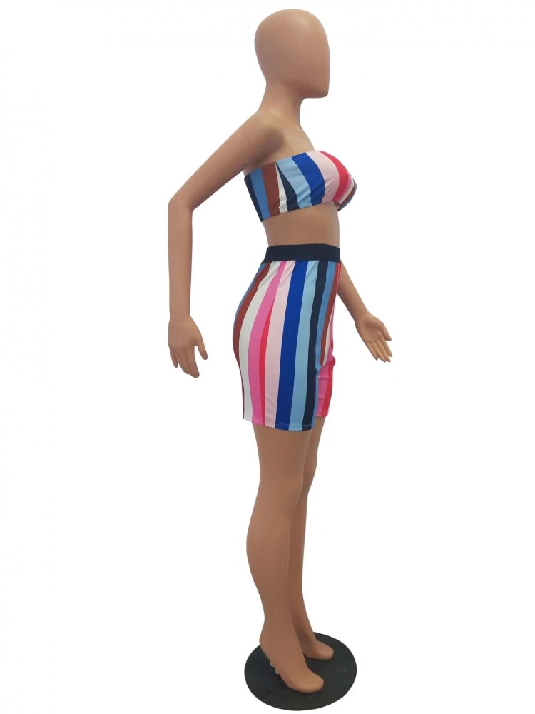 Striped Matching Cropped Strapless Top And Short Sets - Image 3