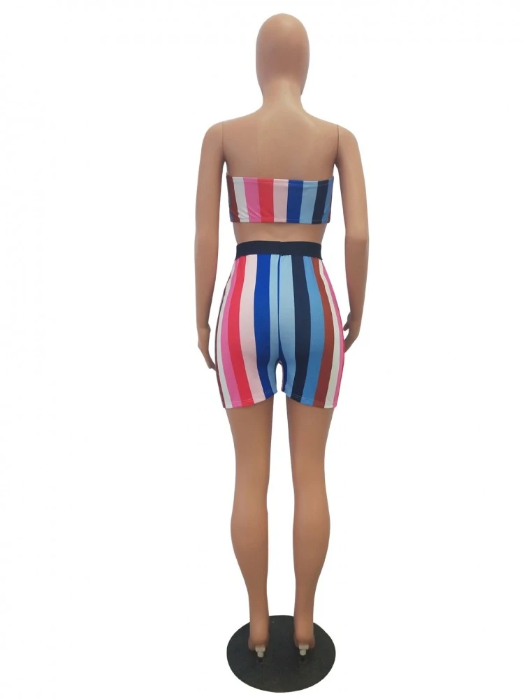 Striped Matching Cropped Strapless Top And Short Sets - Image 4