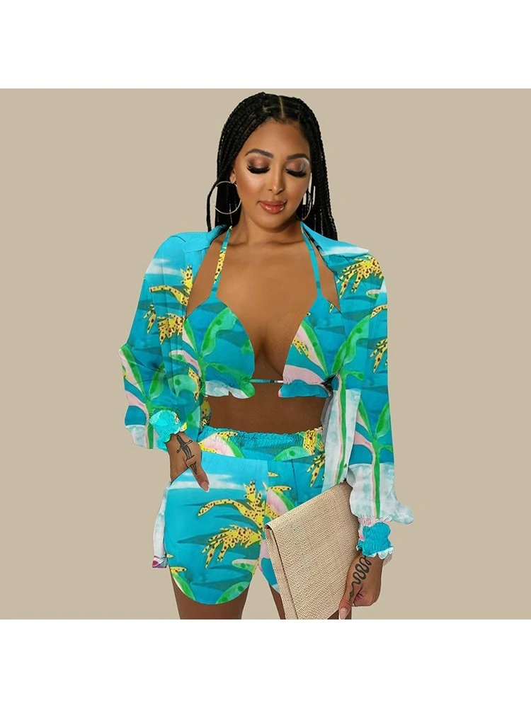 Casual Printed 3 Piece Short Sets For Women