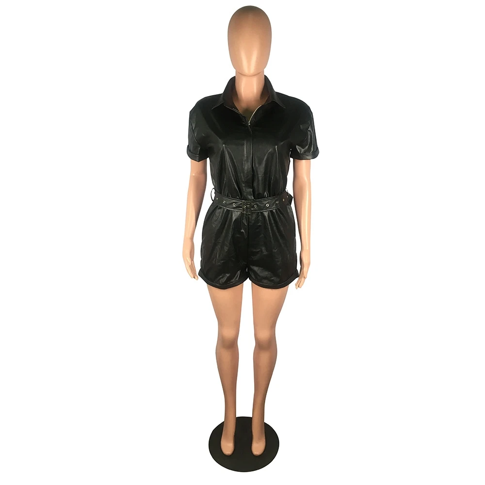 Pure Color PU Leather Rompers - Image 2
