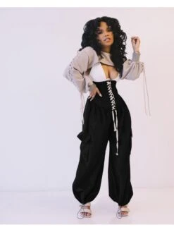 Fashion Casual Pure Color High Waist Straps Long Pants