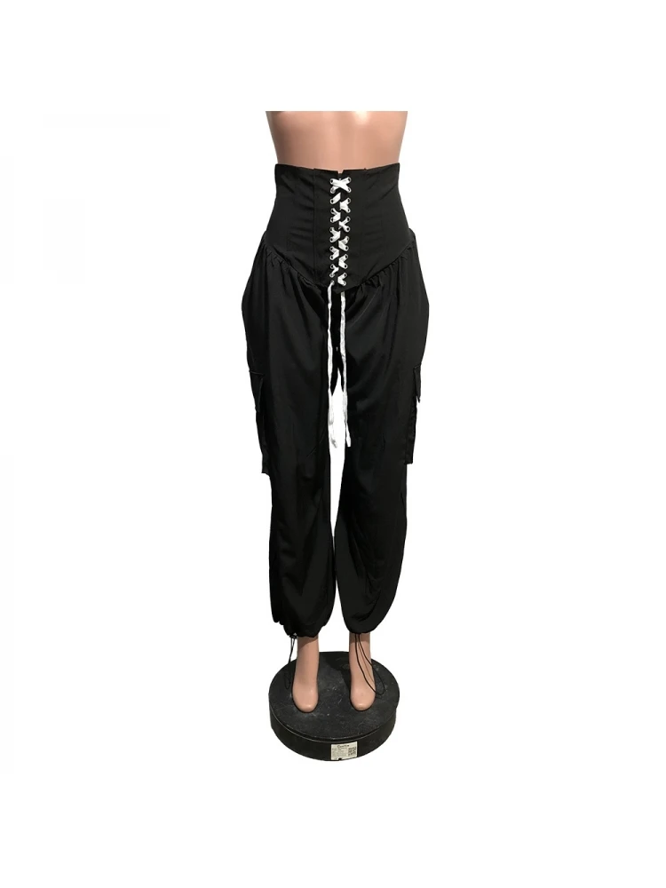 Fashion Casual Pure Color High Waist Straps Long Pants - Image 3