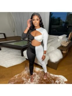 Contrast Color Hollowed Out Top And Trouser Sets