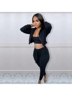 Pure Color Leisure Hooded Women's Three-piece Set