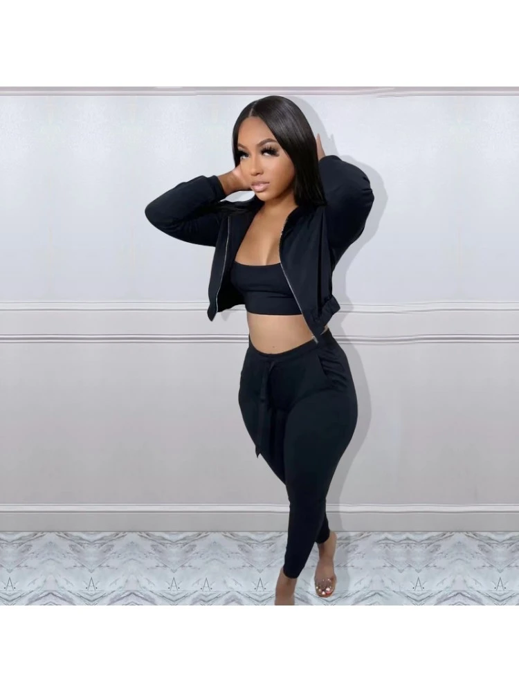 Pure Color Leisure Hooded Women's Three-piece Set