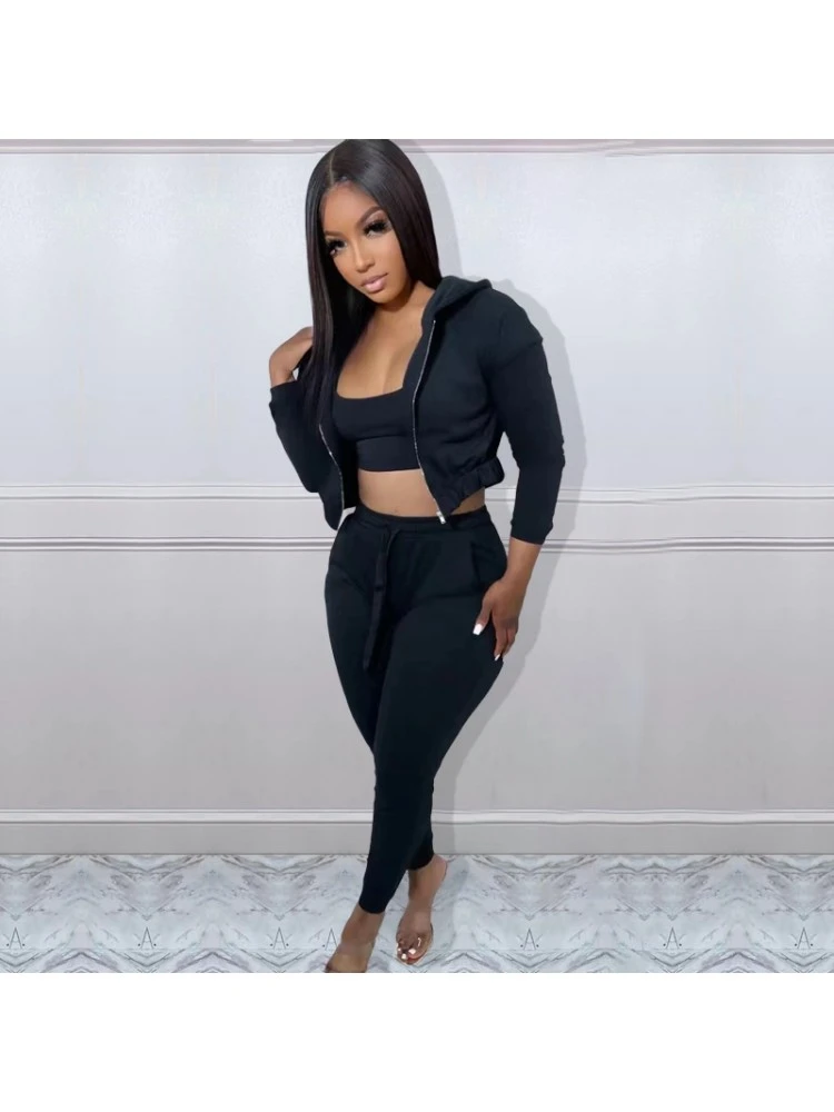 Pure Color Leisure Hooded Women's Three-piece Set - Image 2