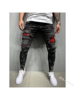 Plaid Patchwork Ripped Pencil Jeans For Men
