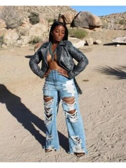 Fashion Pure Color Ripped Women's Denim Jeans