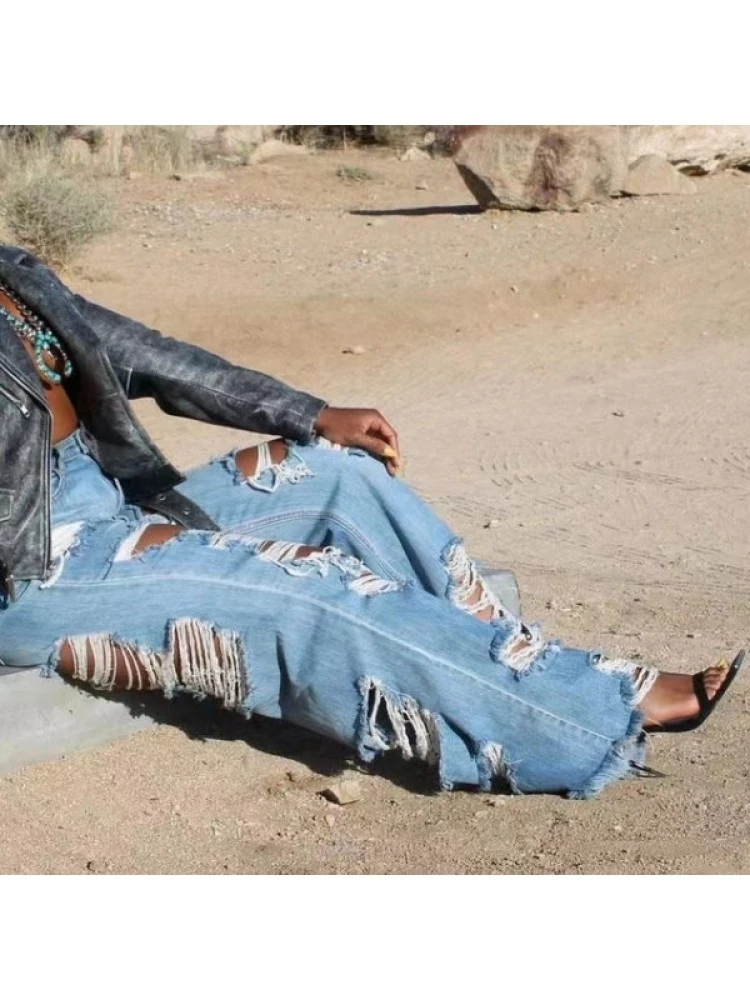 Fashion Pure Color Ripped Women's Denim Jeans - Image 2