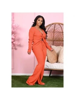Pure Color V Neck Women's Trouser Set