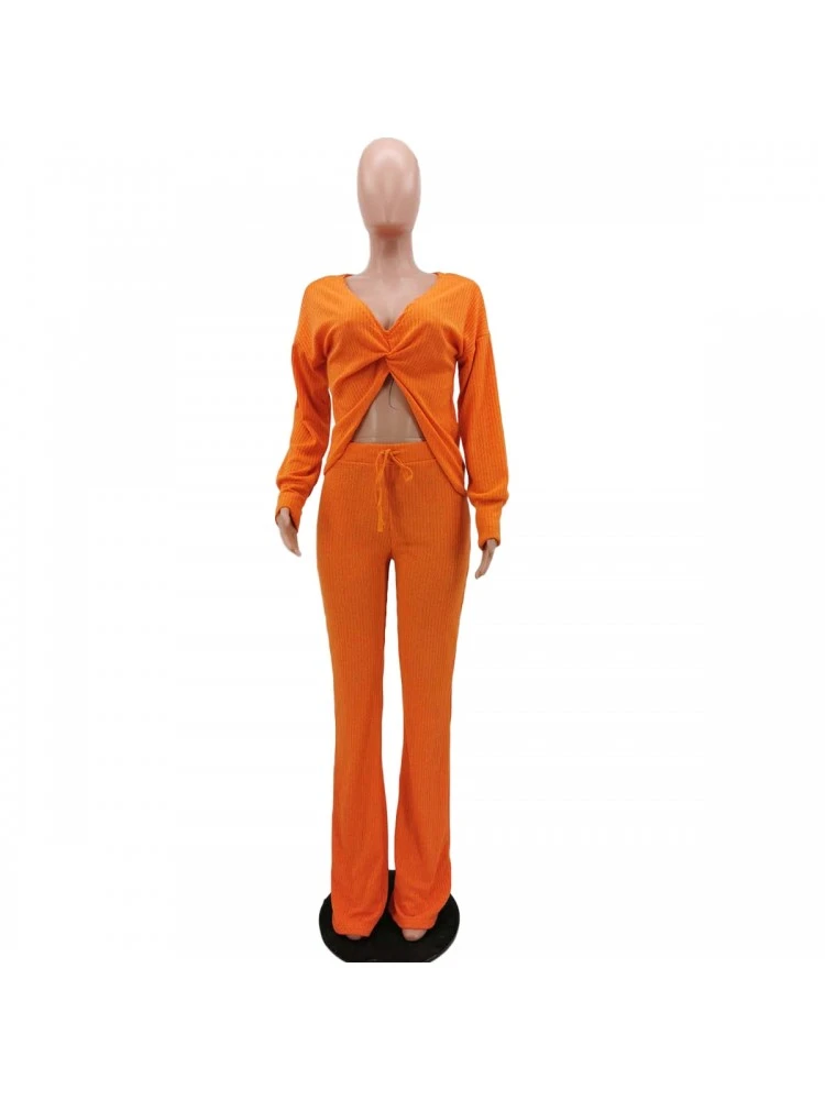 Pure Color V Neck Women's Trouser Set - Image 2