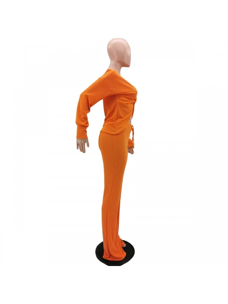 Pure Color V Neck Women's Trouser Set - Image 3