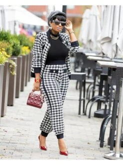 Women Houndstooth Matching 2 Piece Outfit Sets