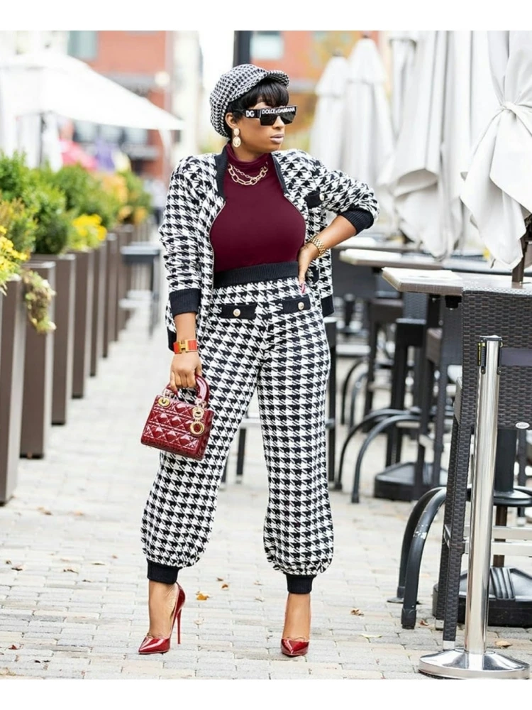 Women Houndstooth Matching 2 Piece Outfit Sets - Image 2