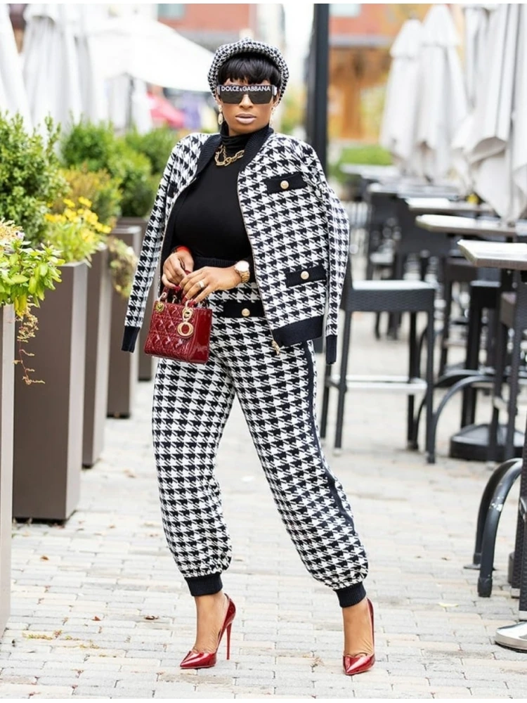 Women Houndstooth Matching 2 Piece Outfit Sets - Image 3