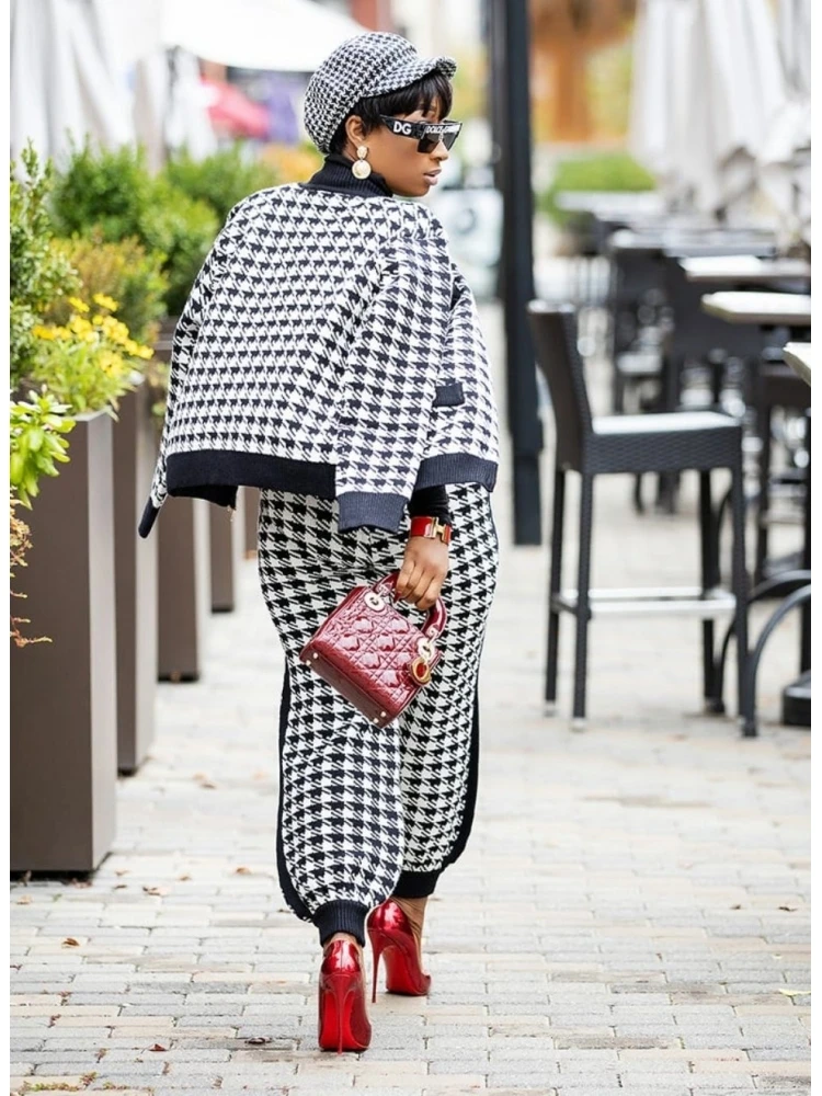 Women Houndstooth Matching 2 Piece Outfit Sets - Image 4